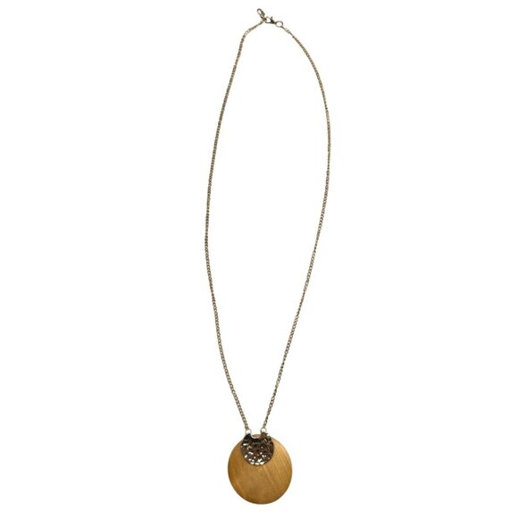 Gold-Tone Necklace With Round wood Pendant round clasp 34" READ - Picture 2 of 3